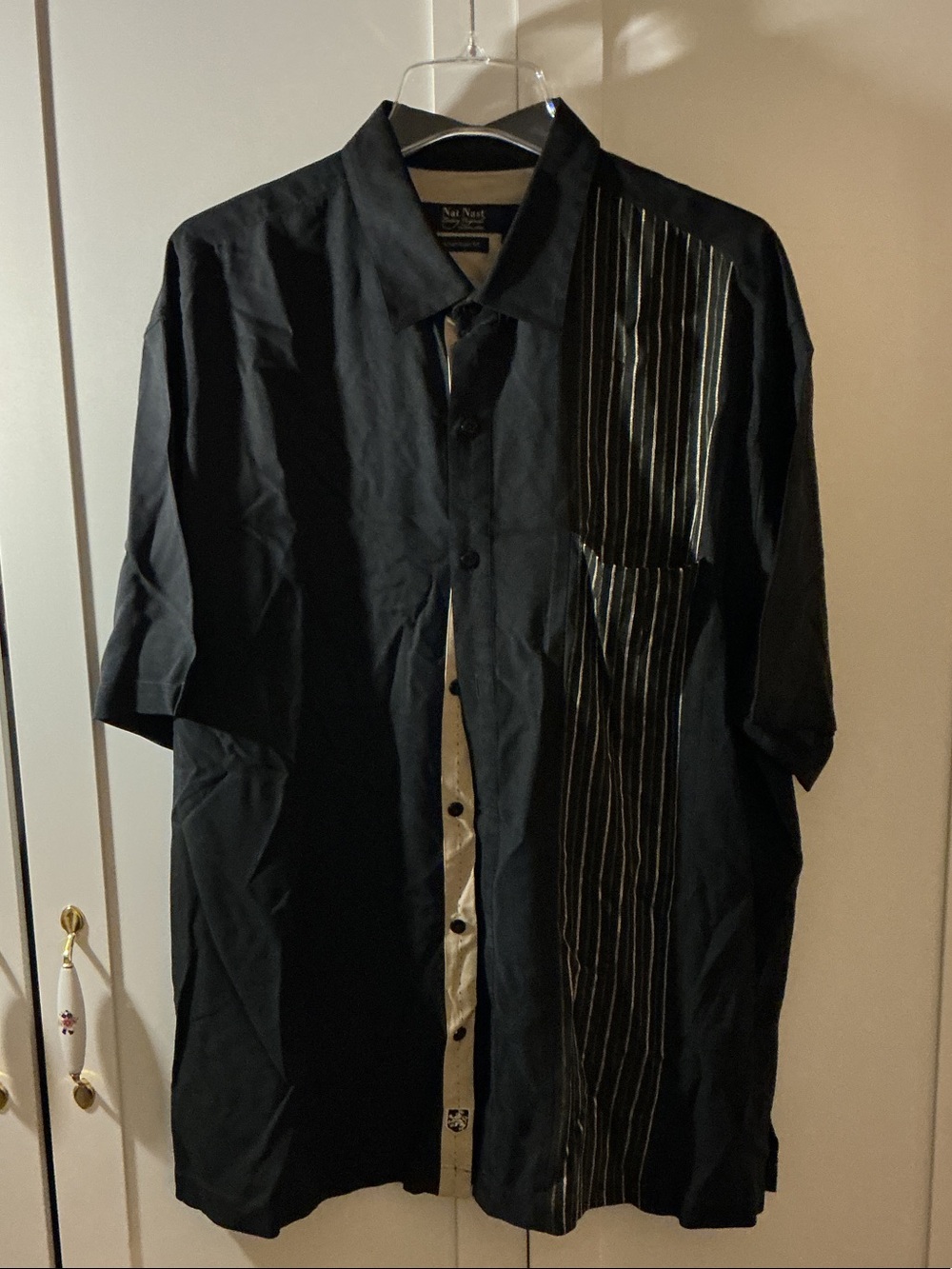Nat Nast Black Short-Sleeve Button-Up Shirt Jacket with Striped Accent